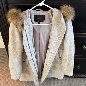 J. Crew Women's Light Gray woolCoat with Faux Fur Hood